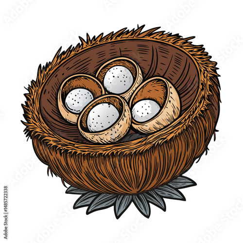 Close-up macro photograph of a Cyathus striatus (bird's nest fungus) showcasing its peridioles, resembling tiny eggs within the cup-shaped structure.  High detail, sharp focus.