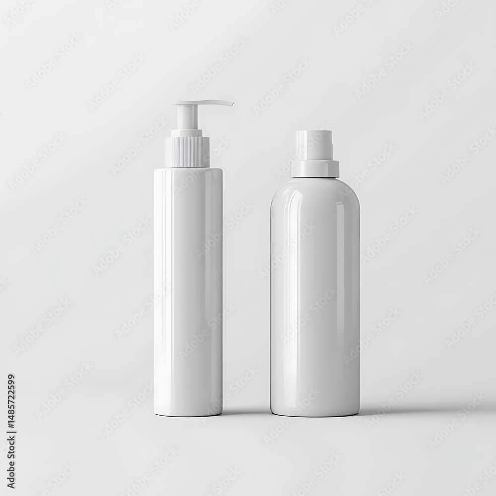 Two white bottles, one with a pump dispenser and the other a spray bottle, on a white surface. Two white bottles, one with a pump dispenser and the other a spray bottle, on a white surface.