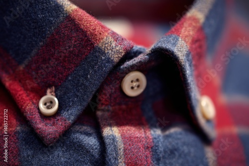 Close-up of a flannel shirt collar with buttons, showcasing fabric texture and a classic, warm, checked textile pattern