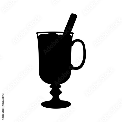 Silhouette of mulled wine in glass with cinnamon stick for christmas holiday season design idea
