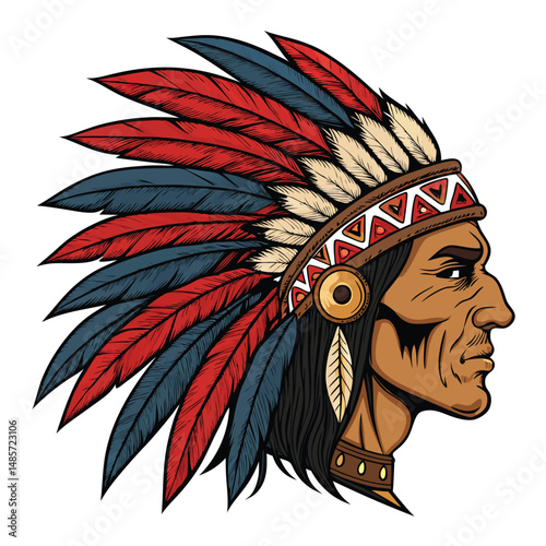 A detailed illustration of a tribal warrior's head adorned with vibrant feathers and intricately arranged bones, showcasing fierce determination.