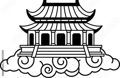black and white illustration of a chinese palace on the cloud floating in the sky