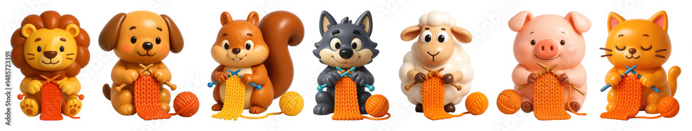Fototapeta premium PNG Cute animal knitting toys, element set on transparent background