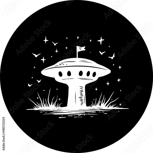 Stylized monochrome alien landing site, featuring a spaceship and celestial elements