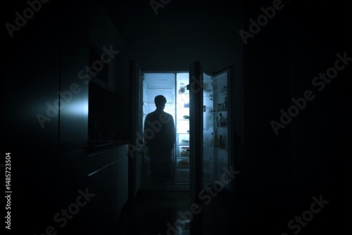 Wallpaper Mural Silhouette of a person standing at open refrigerator in dark kitchen at night looking for food or snack, illuminated by internal light Torontodigital.ca