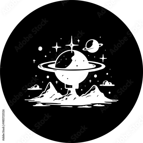 Monochrome Celestial Landscape: A stylized scene of cosmic mountains and planets