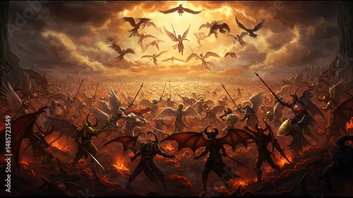 Angels and Winged Warriors Battling in Smoky Landscape Illustration
