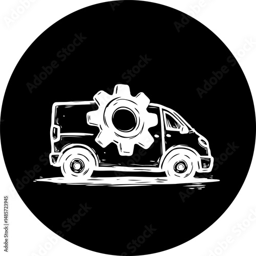 Monochrome van silhouette with a prominent gear overlay suggesting repair or service