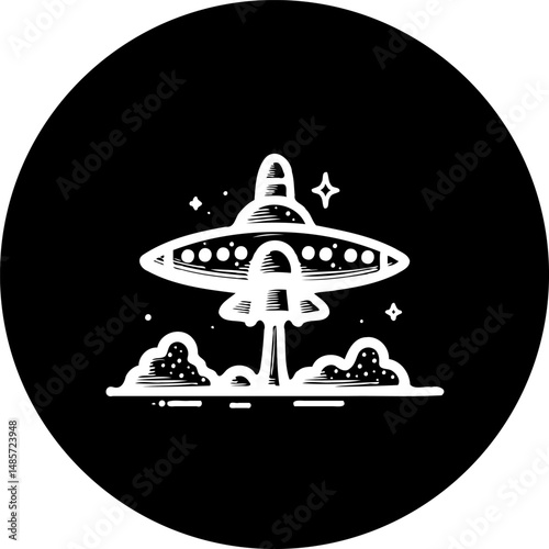 Stylized UFO Ascending from Ground with Stars in Minimalist Design, black and white