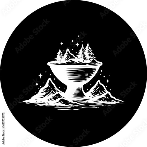 Enigmatic monochrome illustration portraying nature's sanctuary within symbolic vessel