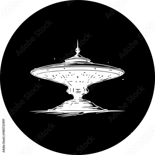 Stylized station illustration with cosmic details against a dark circular backdrop