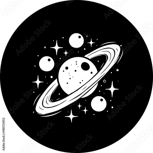 Monochromatic vector depiction of a planet with rings amidst twinkling stars and cosmic dust