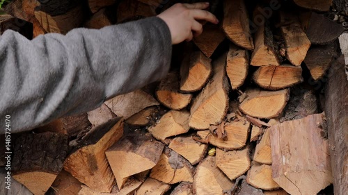 person stacking firewood in neat pile with hand adjusting chopped logs of various sizes against rustic background, concept of winter preparation, sustainable heating, rural lifestyle