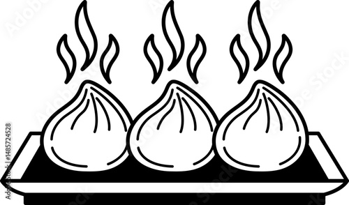 black and white of Steamed buns on a tray