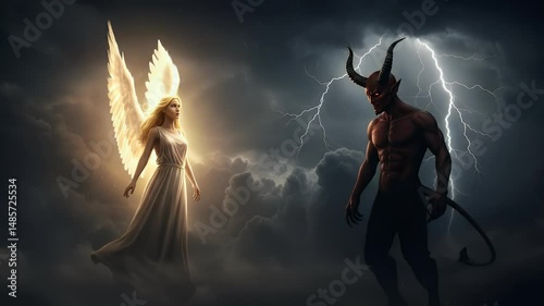 Angel and Demon Facing Each Other Under a Stormy Sky Dramatic Concept