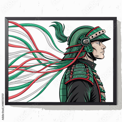 A futuristic green-armored VR samurai,  cables cascading like vibrant green hair, immersed in a virtual reality battle.