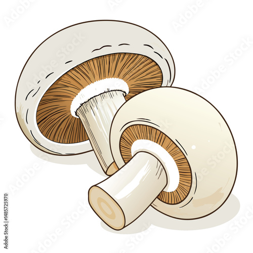 Close-up studio shot of a bisected Agaricus bisporus mushroom, revealing its delicate pink gills and firm white flesh. High-resolution detail emphasized.