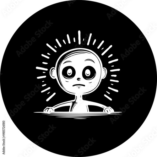 Monochrome illustration of a distressed cartoon figure emerging from darkness