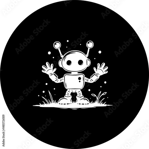 Whimsical robot illustration set against a contrasting black circular background