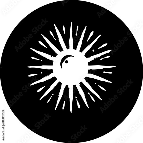 Stylized celestial orb emblem with radiant brushstroke accents, embodying mystic themes