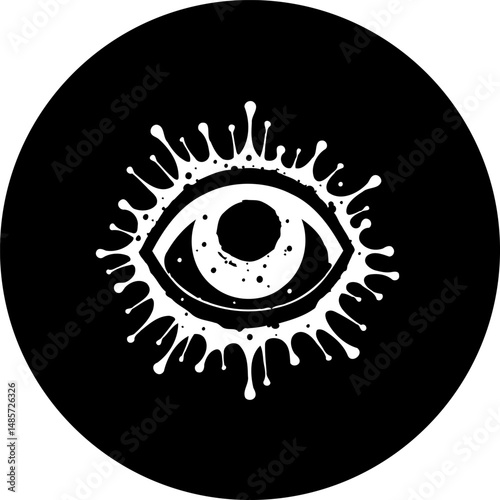 Stylized all seeing eye symbol in a black circle, minimalistic design