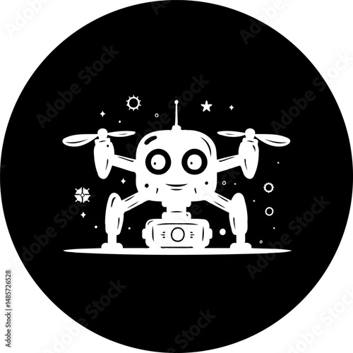 Whimsical depiction of an anthropomorphic drone character in monochrome