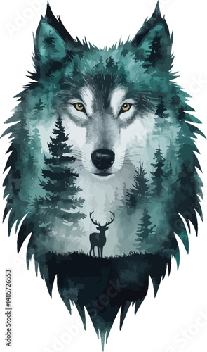 A majestic wolf illustration with a double exposure effect blending a forest and deer silhouette within its body. This artwork symbolizes wilderness, strength, and nature's harmony, ideal for outdoor-