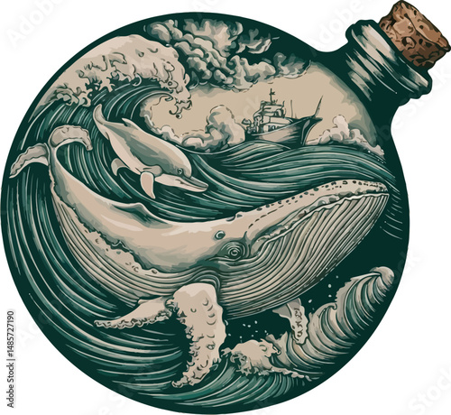 A unique surreal vector of a giant whale trapped in a glass bottle, surrounded by stylized ocean waves. This dreamlike artwork represents the connection between nature and imagination, ideal for creat