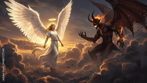 Angel and Demon Face Off in Cloudy Sky Art