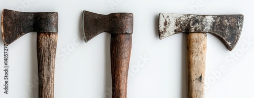 Three vintage axes with weathered heads and wooden handles