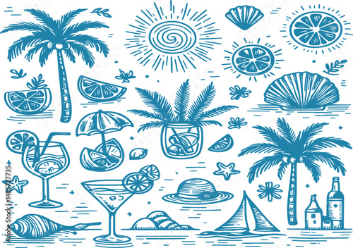 Hand-drawn  palm trees, lemons, cocktails, sun and sea, and seashells. Doodle sketch style with ink drawing aesthetics. Vacation and ocean lifestyle concept." white background.