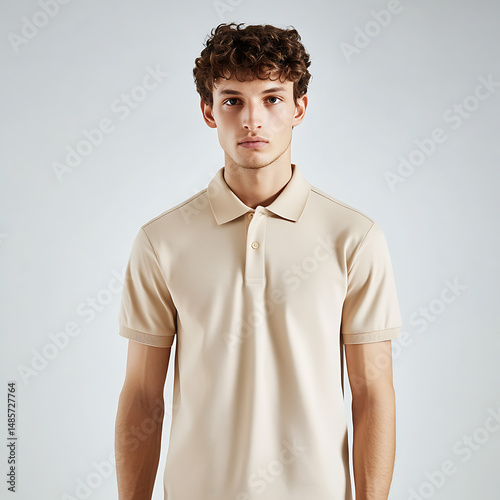 A young adult with curly hair is posing with confidence wearing a beige, short-sleeved polo shirt.