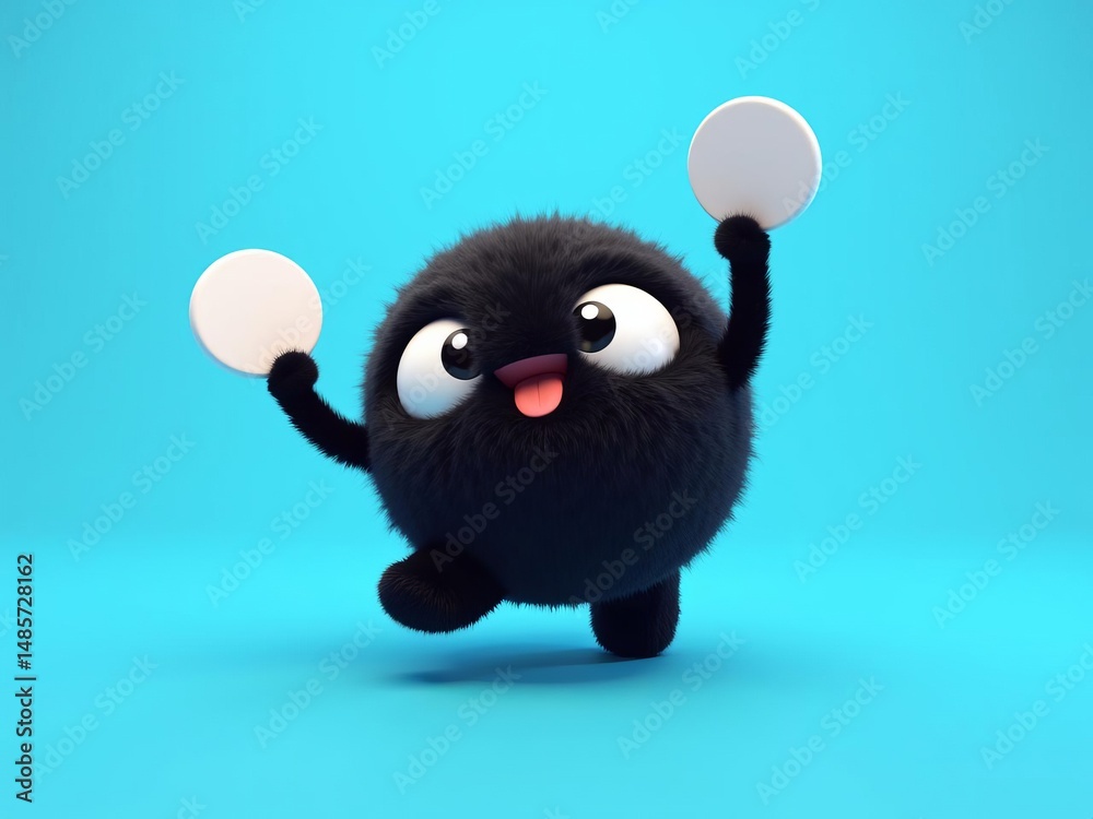 Fototapeta premium Cute black fluffy monster character holding two blank white circular signs for mockup, playful 3D mascot on blue background.