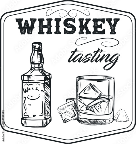 Banner for bar, menu, bottle of whiskey and glass of scotch with ice, strong alcohol drink. Design in the style of line art brush, marker, sketch, rum, brands