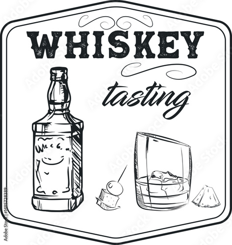 Poster for an Irish pub, bar, bottle of alcohol, line drawing by hand with a brush. Design in the style of a marker, a sketch, a bottle of whiskey, a glass of scotch with ice, a drink