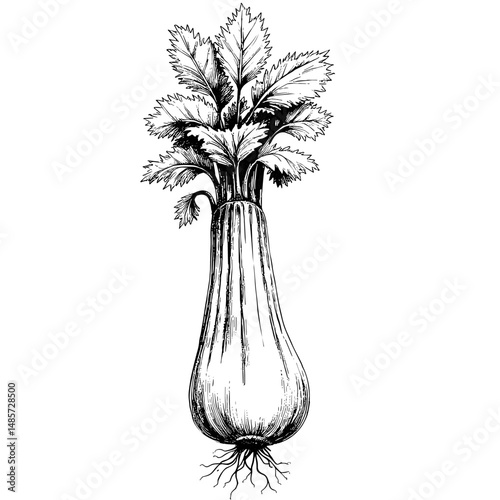 Vintage black ink sketch of celery with detailed foliage and roots  