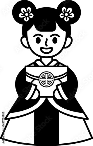 black and white icon of Chinese girl in traditional dress holding ang pao