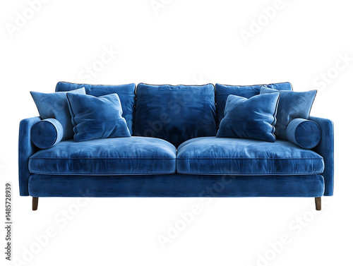 Contemporary blue couch with golden base trim high resolution picture