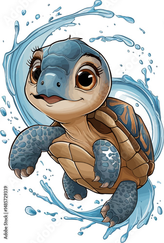 A charming cartoon-style baby sea turtle swimming with a splash of water around it. This adorable marine-themed vector is ideal for kids’ designs, ocean conservation campaigns, or aquatic-themed produ