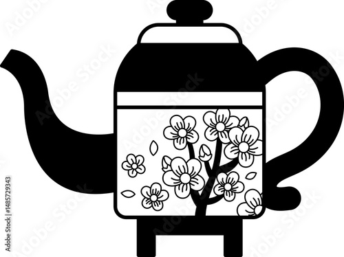 isolate black and white illustration of chinese tea pot