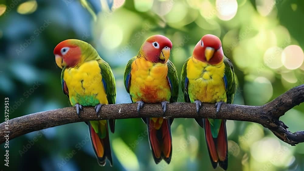 Three Colorful Sun Parakeets Perched on Branch in Natural Habitat with Blurred Green Foliage Detailed Plumage in