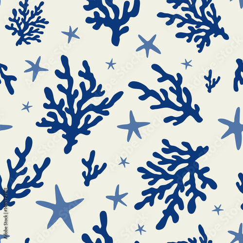 Coral seamless pattern background in vintage style in blue colors. Matisse-inspired modern abstract organic algae background. Vector design for textile, wrapping paper, greeting cards.