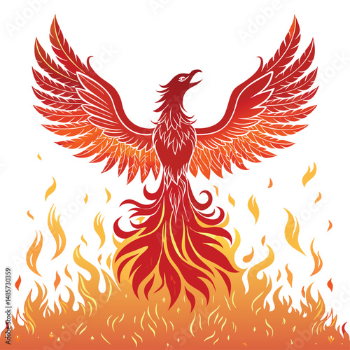 A majestic phoenix, wings fully outstretched, rises from a bed of glowing embers and ashes, its plumage ablaze with vibrant colors.  Detailed depiction.