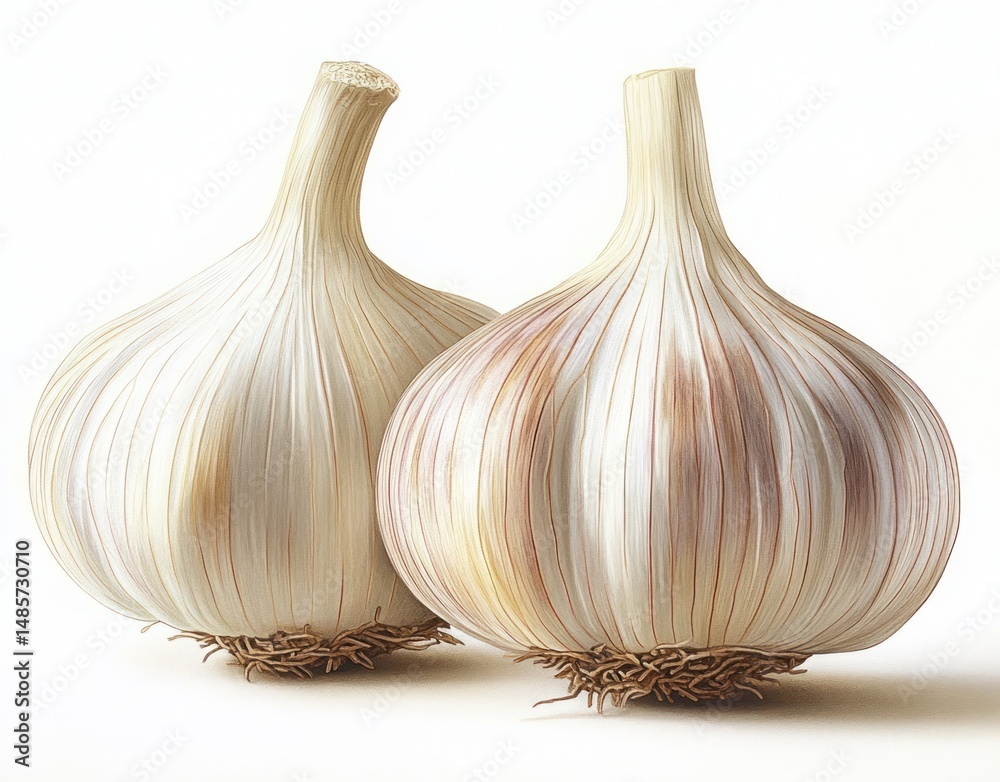Obraz premium Two whole garlic bulbs with papery outer layers and visible roots against a clean white background, highlighting natural textures and subtle color variations