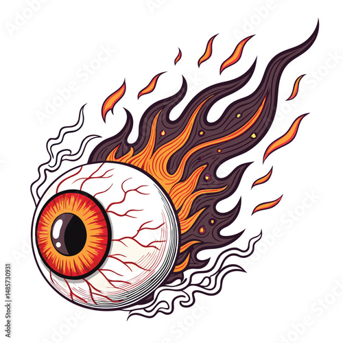 Generate a vibrant neon image of a flaming eyeball with smoke trails, sharp spikes, and a detailed, high-resolution texture.  Focus on intense color and lighting effects.