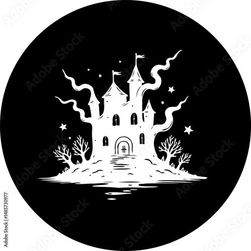 Mystical monochrome castle illustration evoking a spooky atmosphere in minimalist style