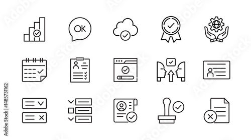 Approval line icon set. Quality Control, business audit, agreement, check, certified, permission, tick, yes, checklist, finance, accept, correct, agree, outline vector icon. UI thin outline icon pack