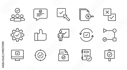 Approval line icon set. Quality Control, business audit, agreement, check, certified, permission, tick, yes, checklist, finance, accept, correct, agree, outline vector icon. UI thin outline icon pack