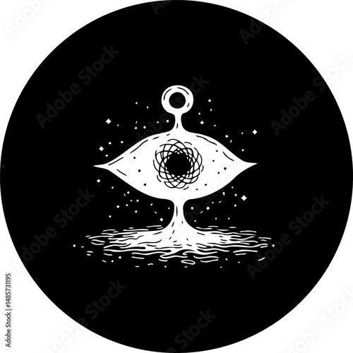 Abstract enigmatic eye within a dark cosmic void, floating otherworldly design