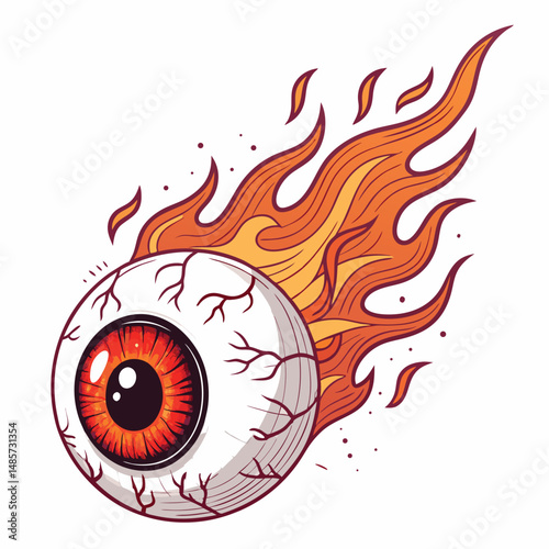 Create a neon-lit graphic of a flaming eyeball with smoke trails and sharp spikes emanating from it.  High detail, vibrant colors.